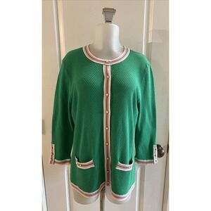 Talbots Cardigan Sweater Preppy Classic Green Pink Pearl Buttons M Lady